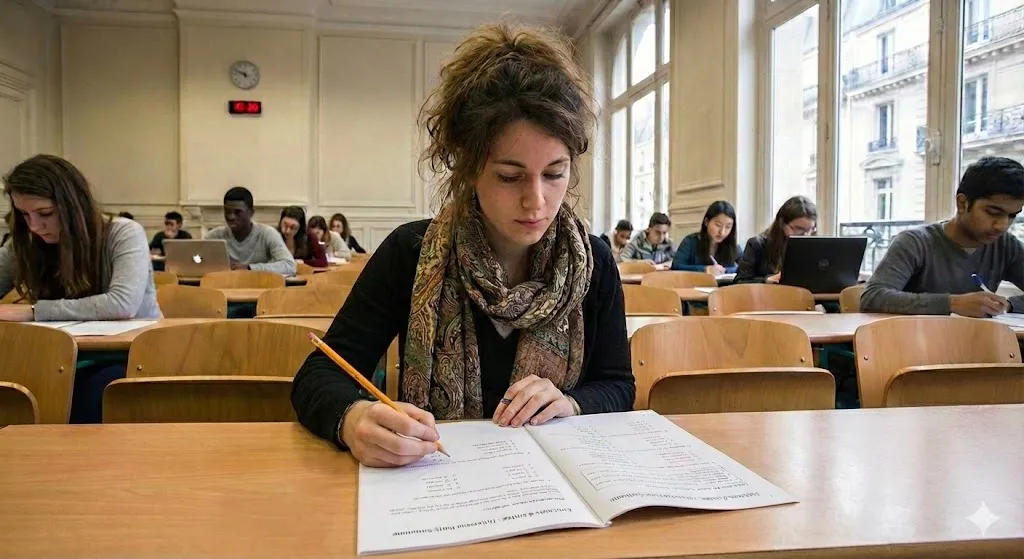 A college student takes notes during a lecture in a classroom.