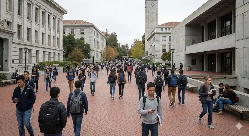 College students walk across a central campus walkway between academic buildings on a school day.