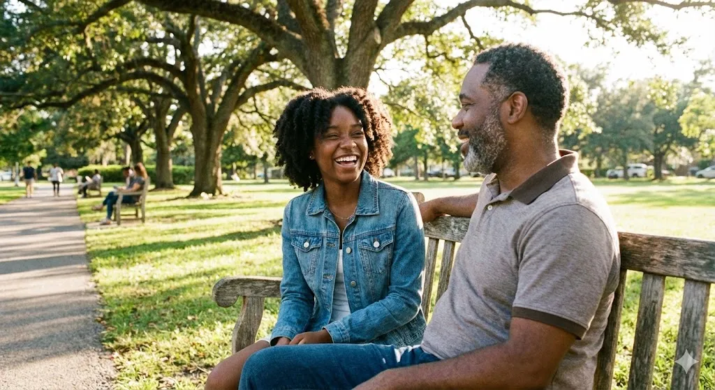 A parent and student sit on a park bench talking about the student’s academic strengths.