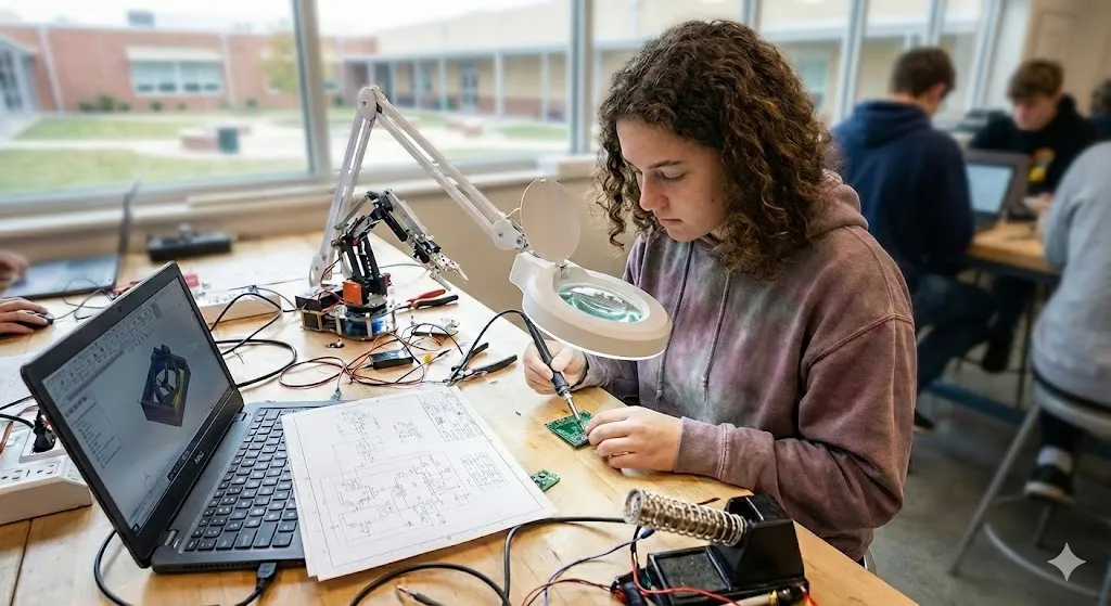 A student works on an electronics project at a lab table using a soldering tool.