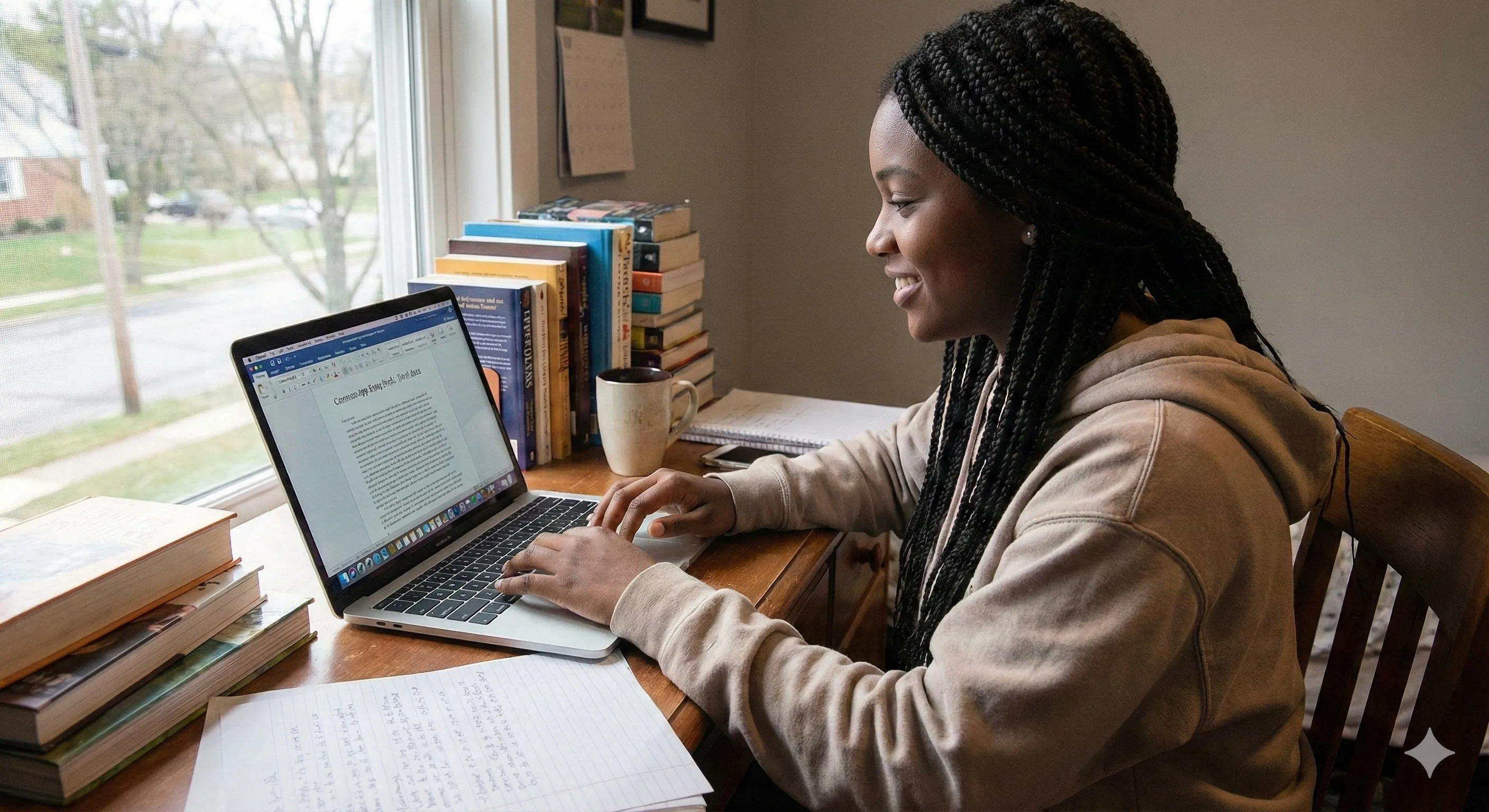 A student works on a college essay on a laptop at a desk near a window.