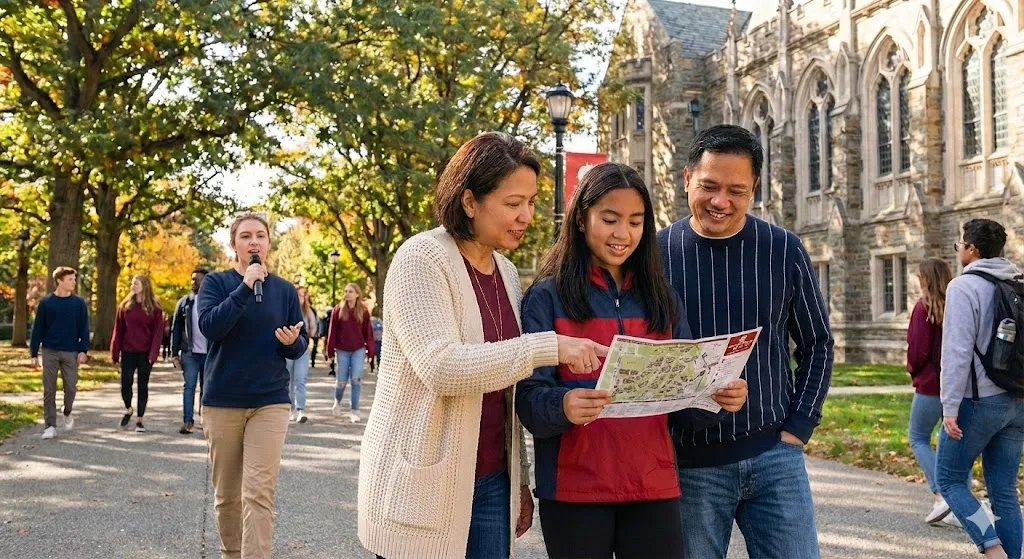 A family walks on a college campus while reviewing a campus map together.