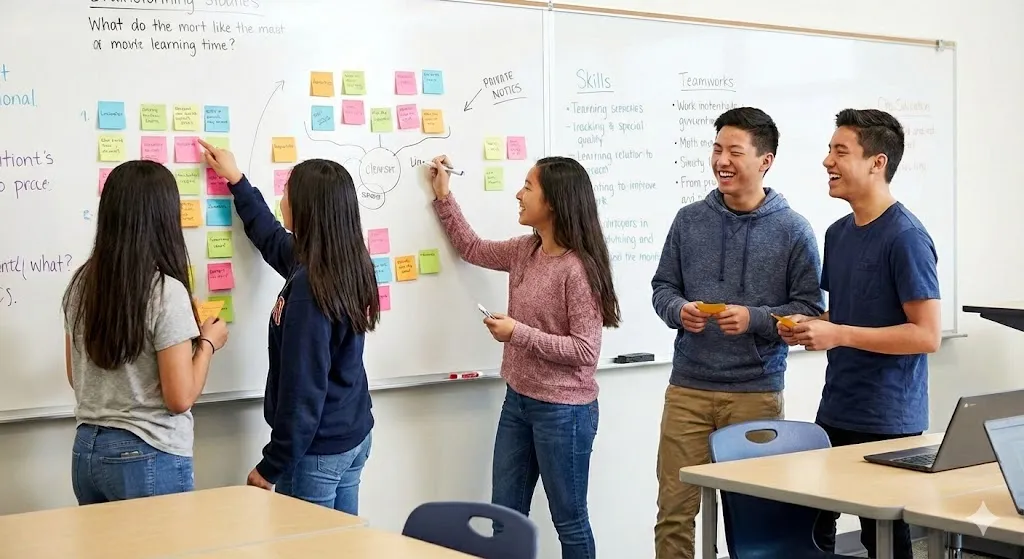 Students collaborate at a whiteboard covered with sticky notes during a classroom brainstorming activity.