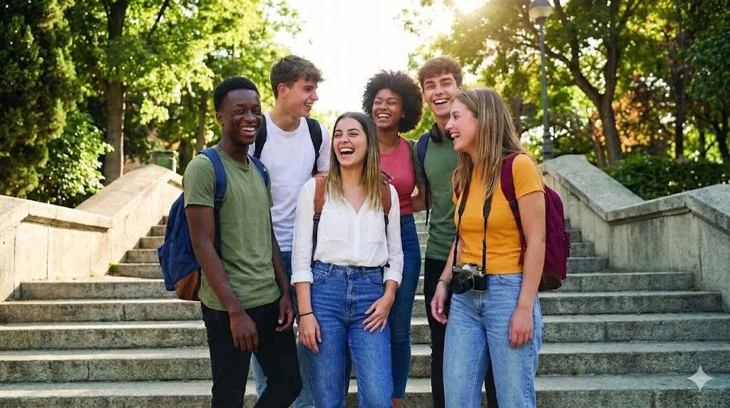 A group of college-aged students stand outdoors on campus steps, laughing and talking together.