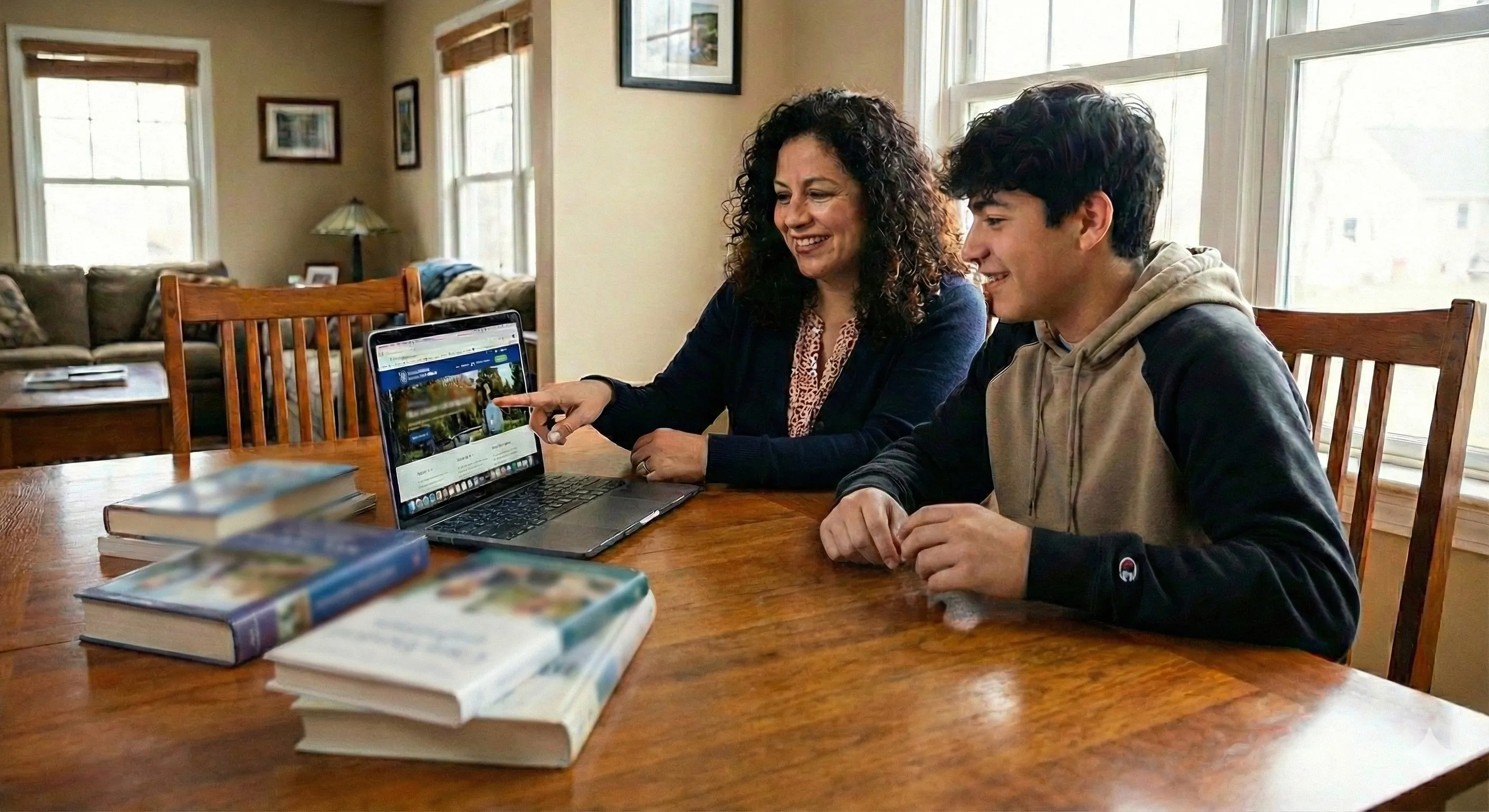 A parent and teenage student sit at a dining table, looking at a laptop together while discussing school or college information.