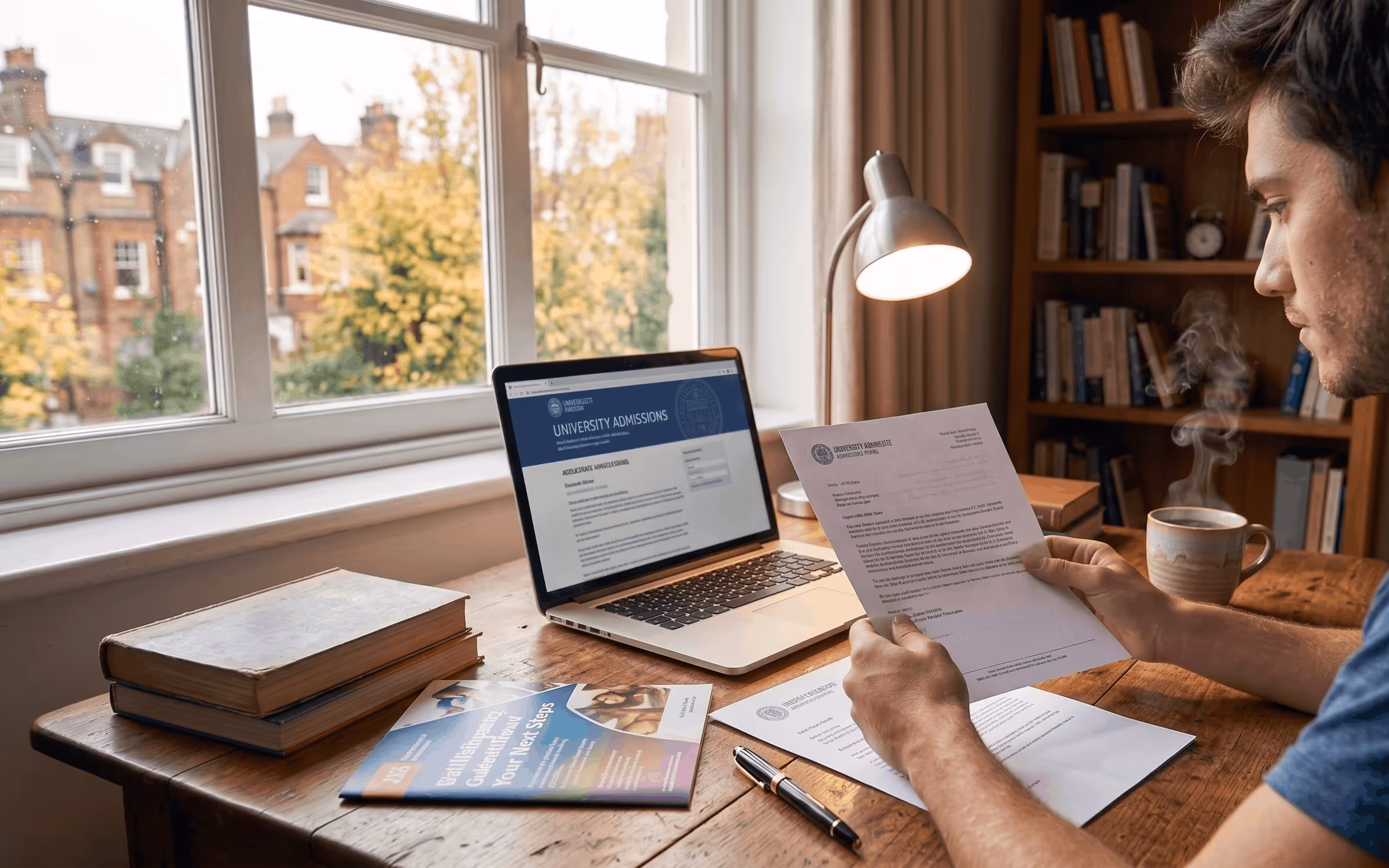 A student reads a university admissions letter at a sunlit desk, with a laptop showing the admissions portal, stacked books, and a steaming coffee mug, having been deferred.