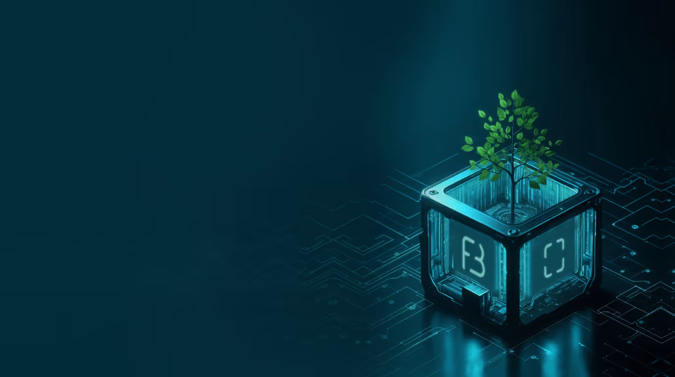 Glowing futuristic cube with a digital circuit pattern and a small green tree growing from its hollow top.