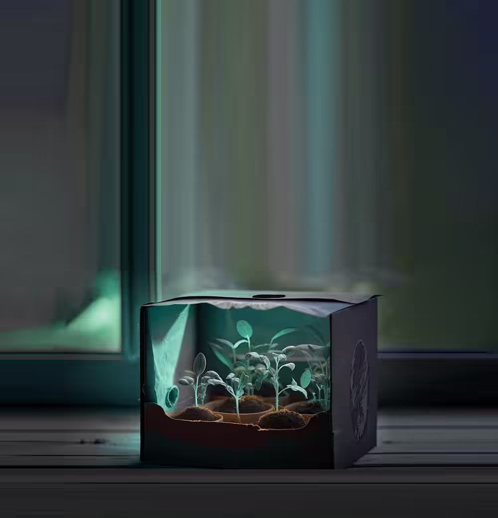 Small seedlings growing inside a dimly lit cardboard box greenhouse on a wooden surface.