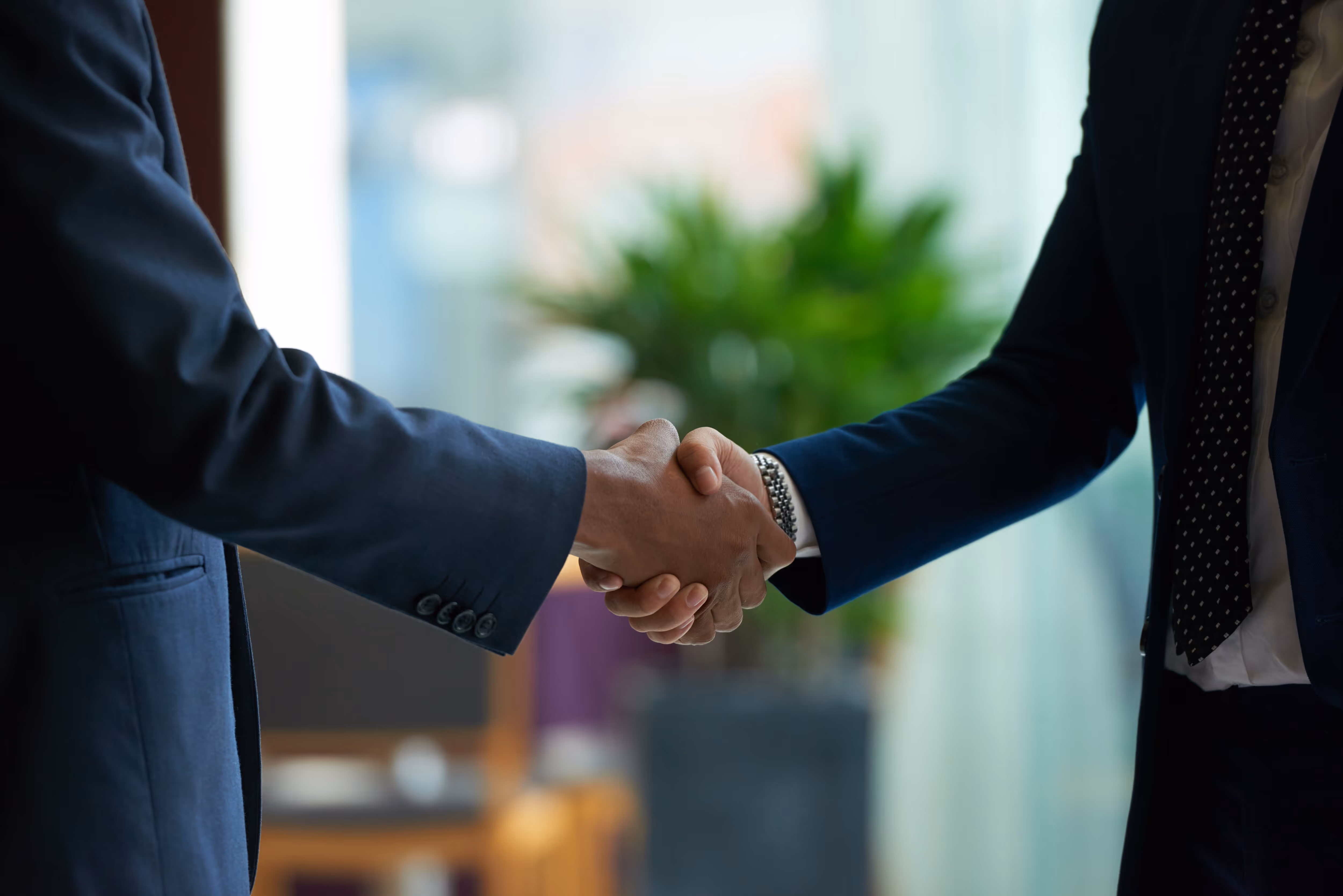 Two businessmen in suits shaking hands in a bright office setting with plants in the background.