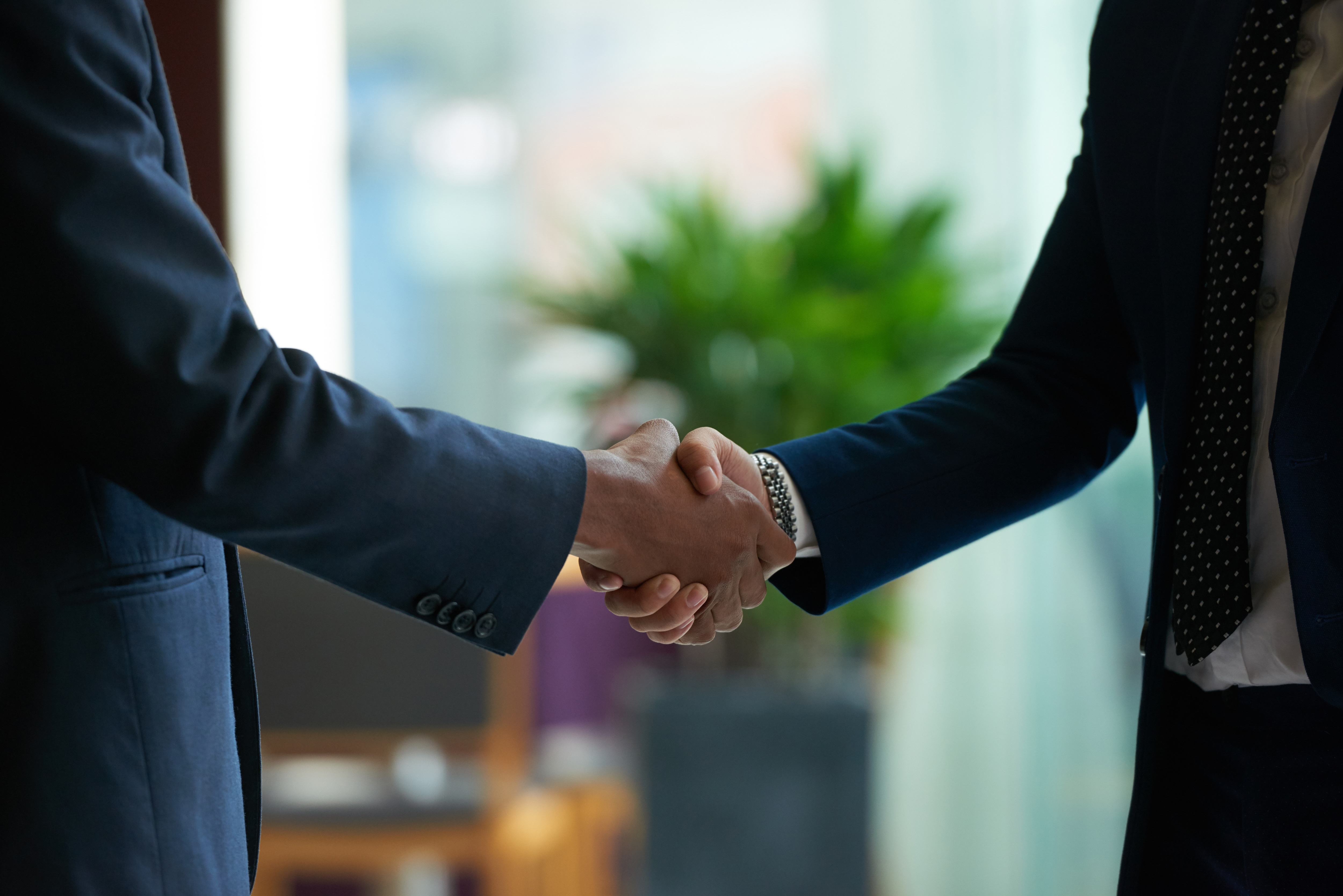 Two businessmen in suits shaking hands in a bright office setting with plants in the background.