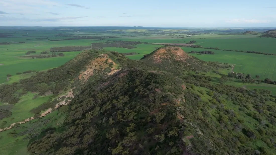 Aerial view of the Moresby Ranges above green farmland
