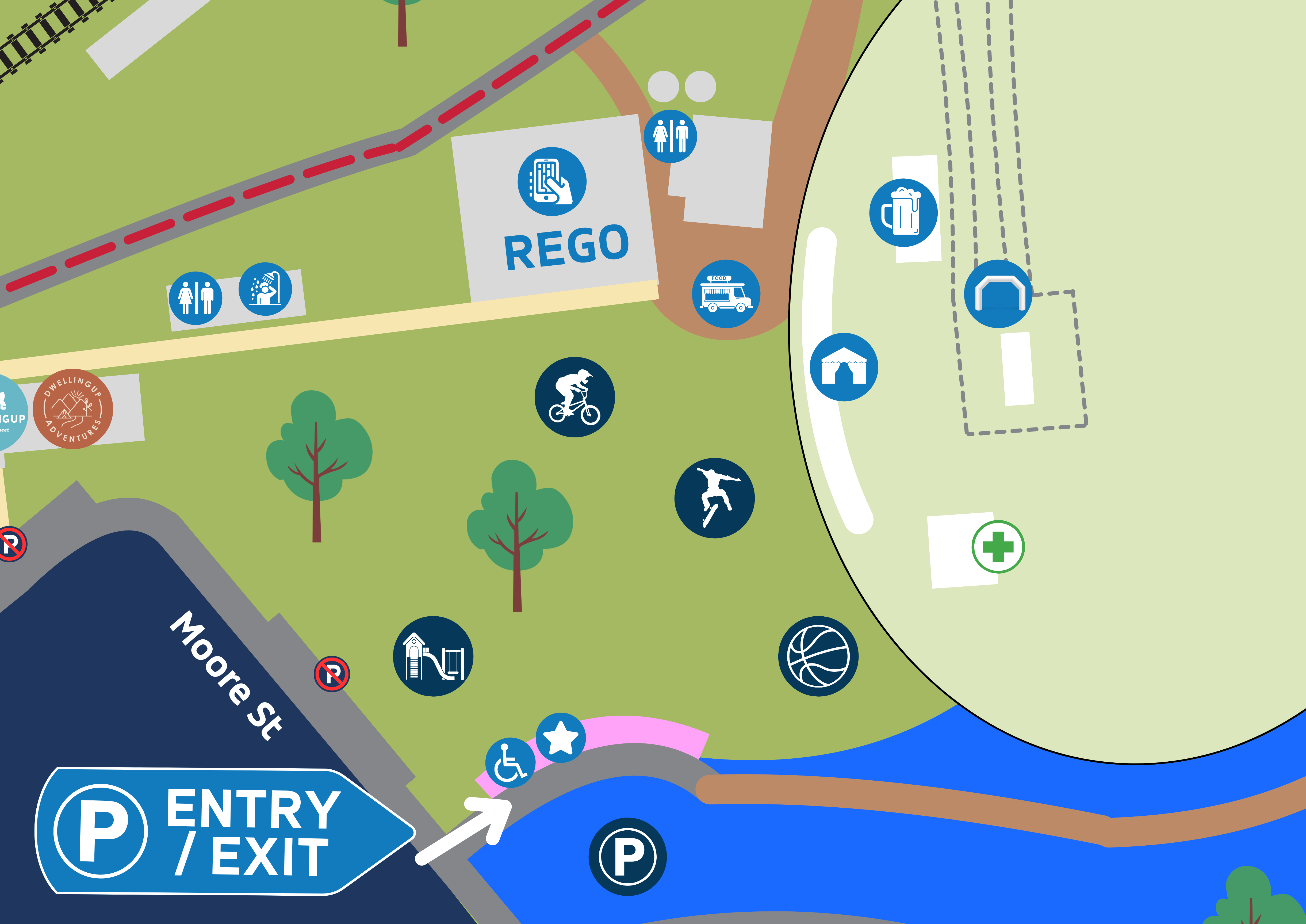 Event site map of the Dwellingup football oval, showing the REGO check-in point, toilets, showers, food vans, bar, first aid, playground and the Moore Street parking entry and exit