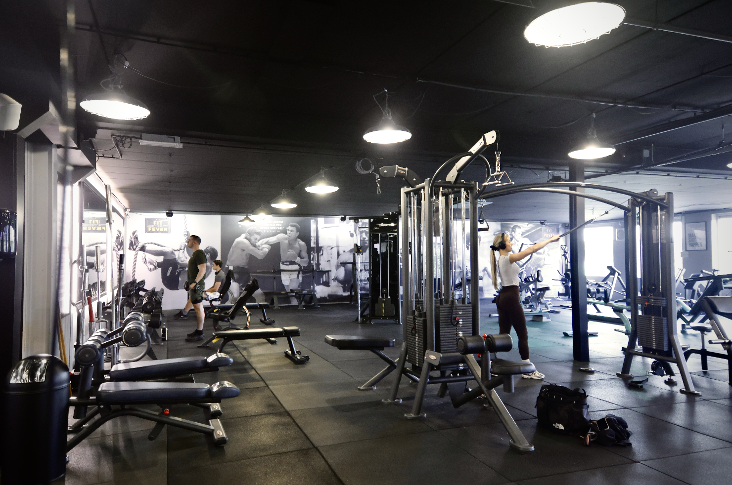 Modern gym interior with people exercising on weight machines and benches, and boxing-themed wall murals.