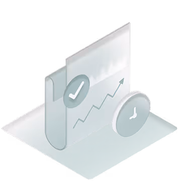Isometric graphic of a rising line chart with an upward arrow, a clock, and a checkmark symbol.
