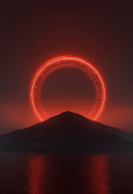 Red glowing ring over dark landscape