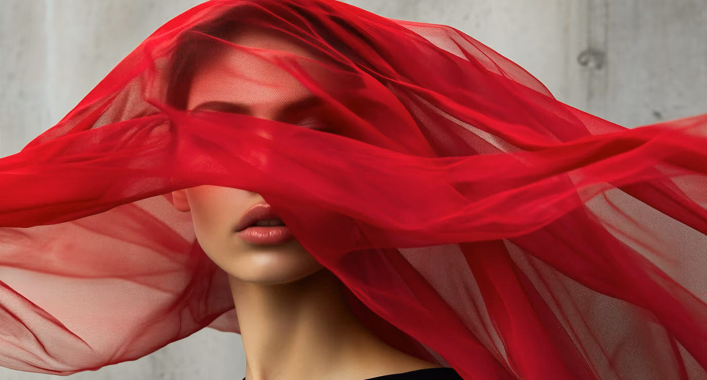 Red sheer fabric covering face