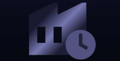 Stylized factory building icon with a clock symbol in front, on a dark background.