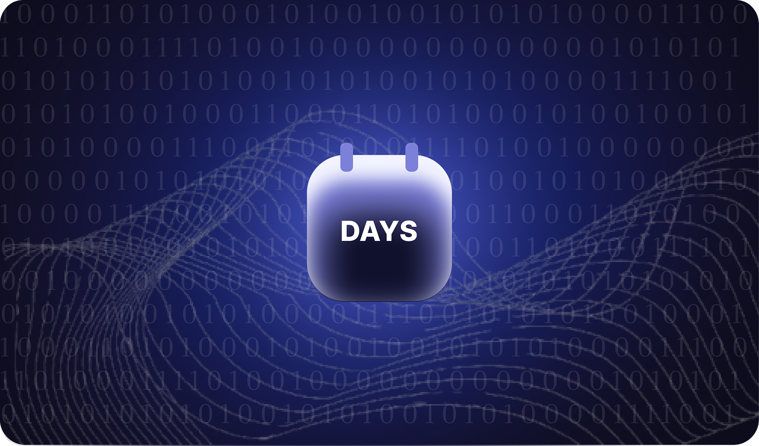Blue digital calendar icon with the word DAYS on a binary code and abstract wave background.