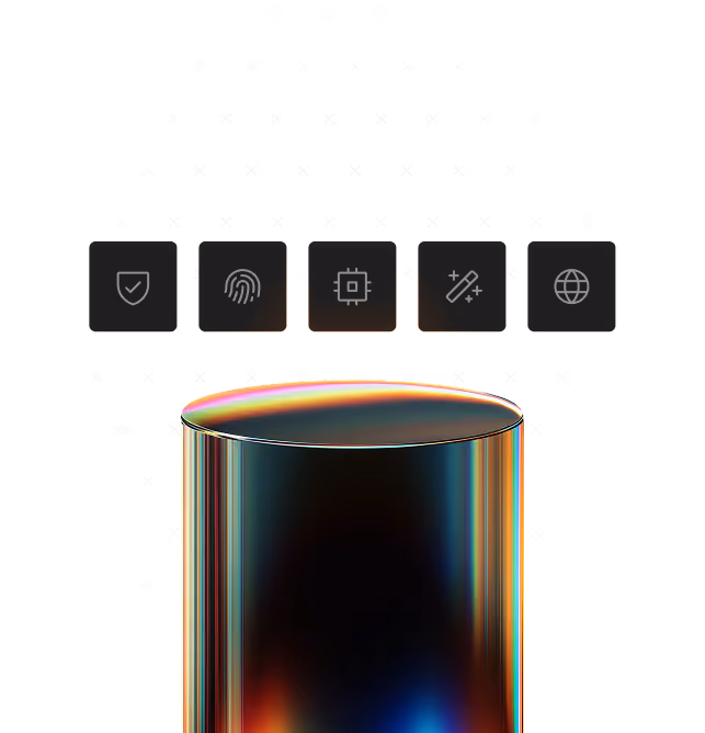 Dark cylindrical object with a reflective, colorful surface below five icons representing shield, fingerprint, chip, sliders, and globe.