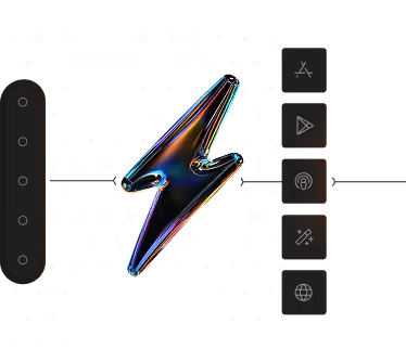 Iridescent lightning bolt icon with vertical button panel featuring app store, play store, podcast, magic wand, and globe icons on dark background.