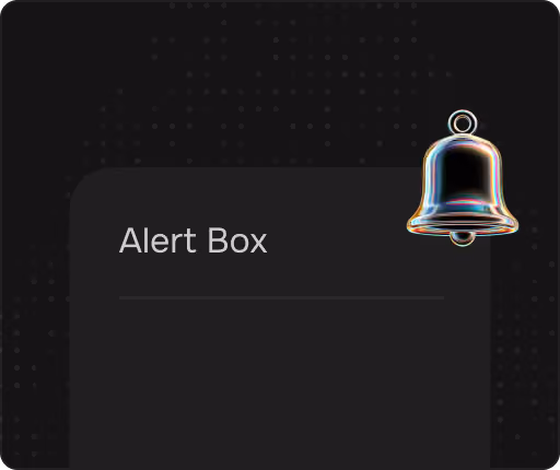 Dark-themed alert box interface with a shiny bell icon on the top right and the text 'Alert Box'.