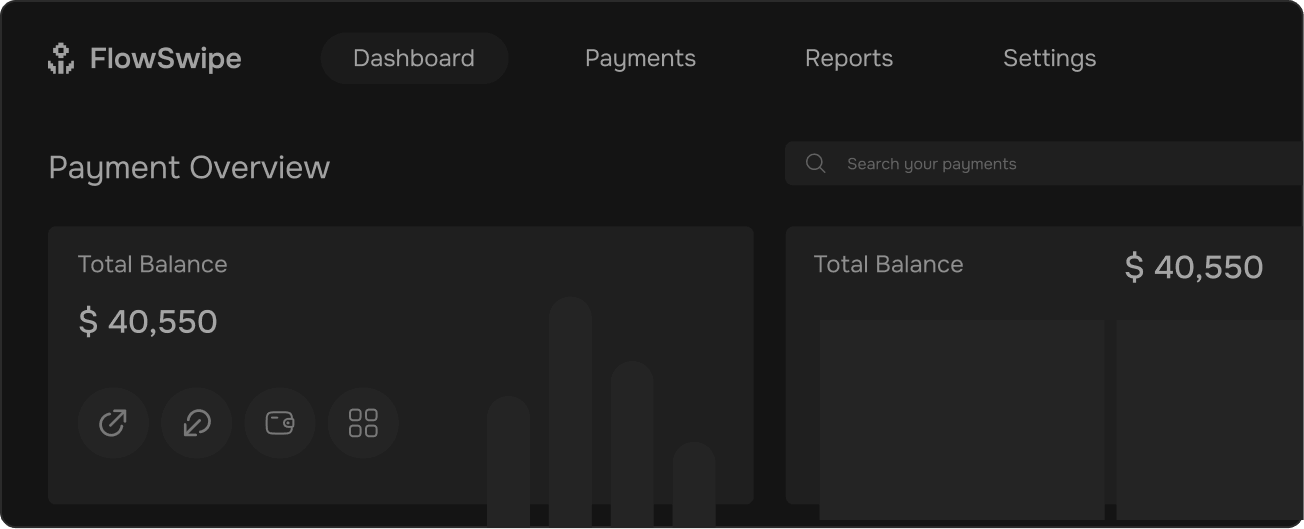 Dashboard interface of CardFlow showing a Payment Overview with a total balance of $40,550 and navigation menu with Dashboard, Payments, Reports, and Settings.