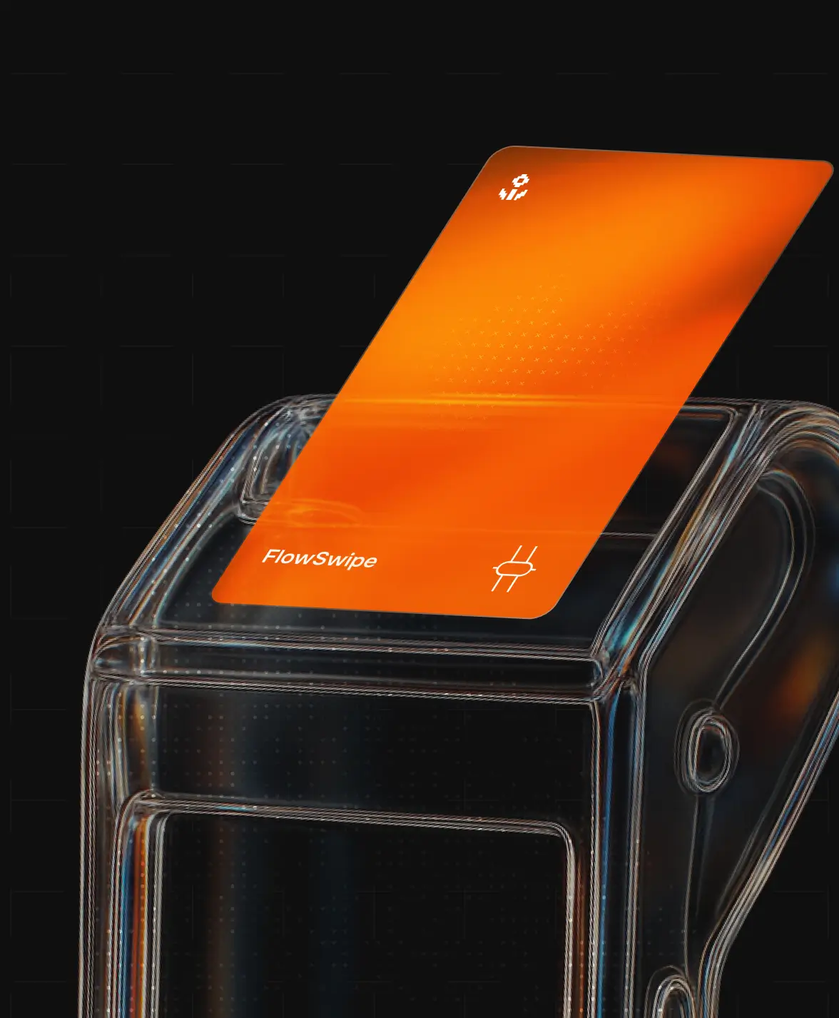 Orange Beopay card floating above a transparent card reader with currency symbols below.