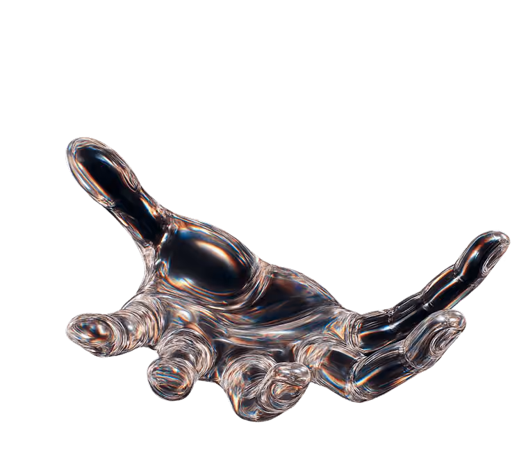 Transparent glass hand sculpture with fingers slightly curled against a black background.