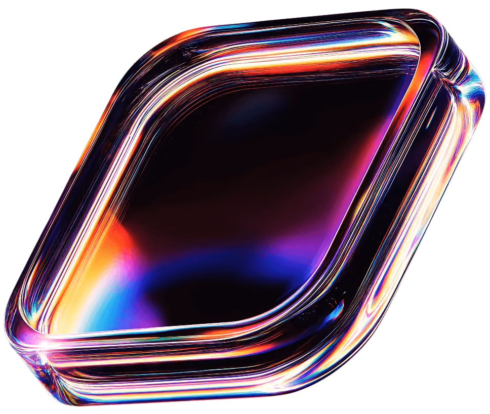 Glossy, transparent, rounded diamond-shaped 3D object with vibrant rainbow reflections on a black background.