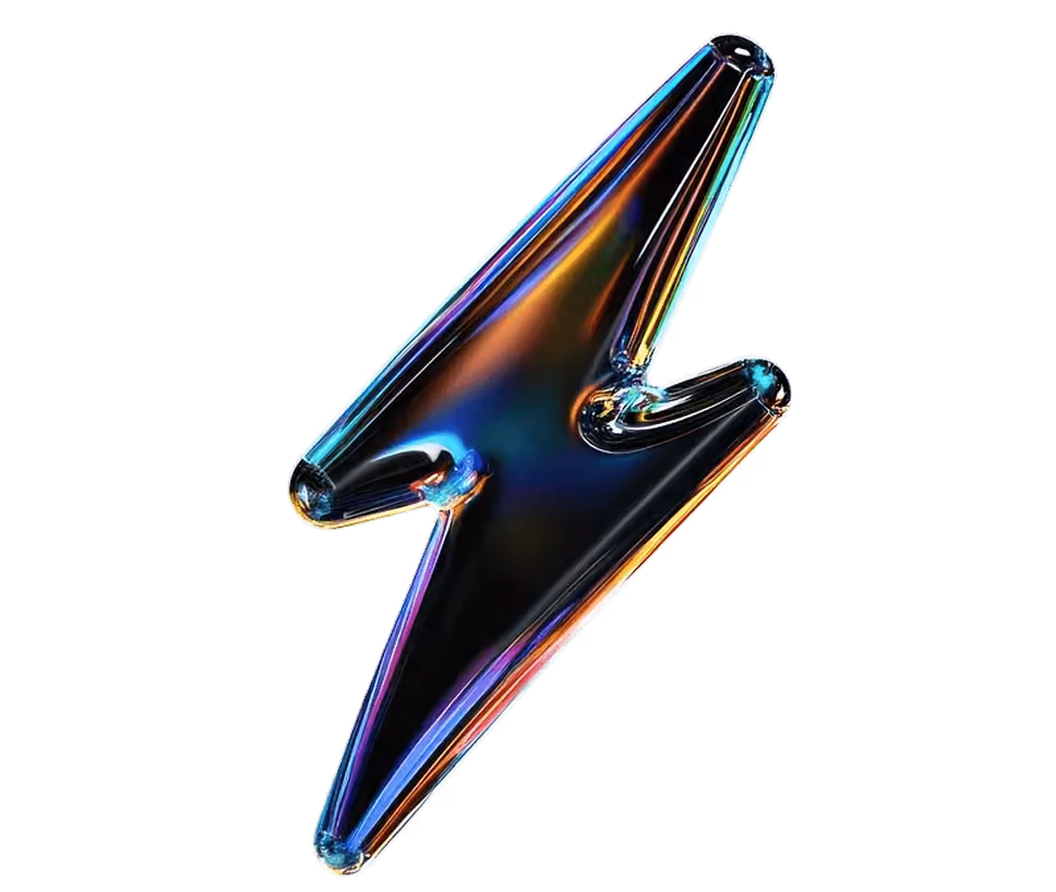 Iridescent glass lightning bolt icon with smooth, reflective surface.