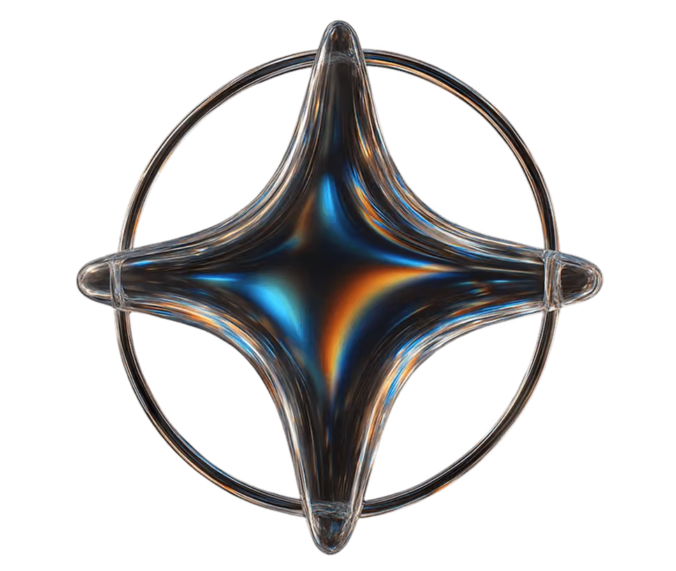 Transparent, glass-like star shape with blue and orange light reflections inside a thin circular frame on a black background.