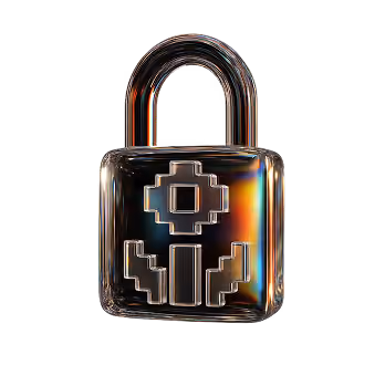 Transparent padlock with a pixelated design on the front, showing iridescent reflections.