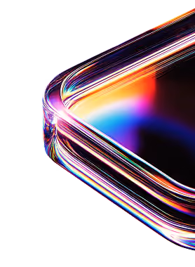Close-up of a transparent phone case corner reflecting colorful light streaks on a black background.