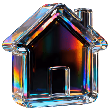 Transparent glass house-shaped object reflecting colorful light spectrum.