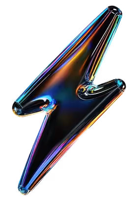 Iridescent glass lightning bolt with rainbow reflections on a black background.