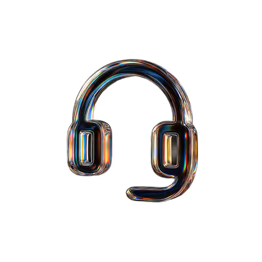 3D translucent headset icon with a microphone on a black background.