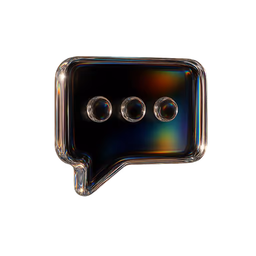 Transparent glass speech bubble with three dots inside on a black background.