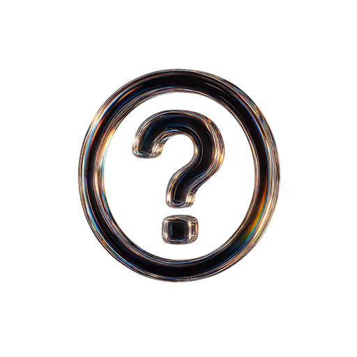 Glass-like translucent question mark enclosed in a circular outline on a black background.