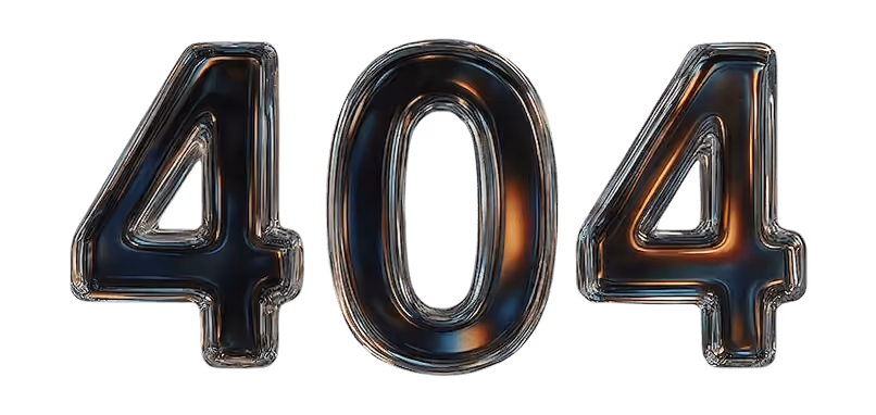 Glossy black and reflective 3D numbers displaying 404 error on a black background.