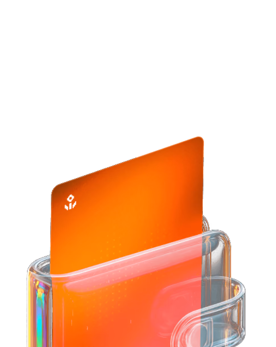 Transparent digital wallet holding a bright orange card with a small white flower icon.