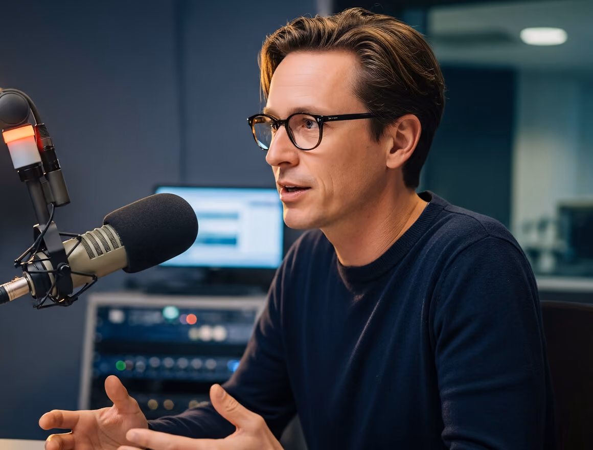 Man with glasses speaking into a microphone in a recording studio.