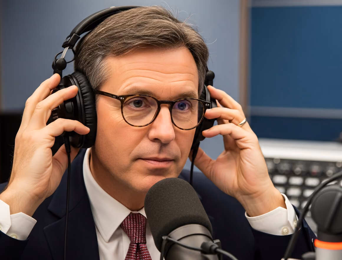 Middle-aged man in glasses and a suit adjusting headphones in front of a microphone in a recording studio.