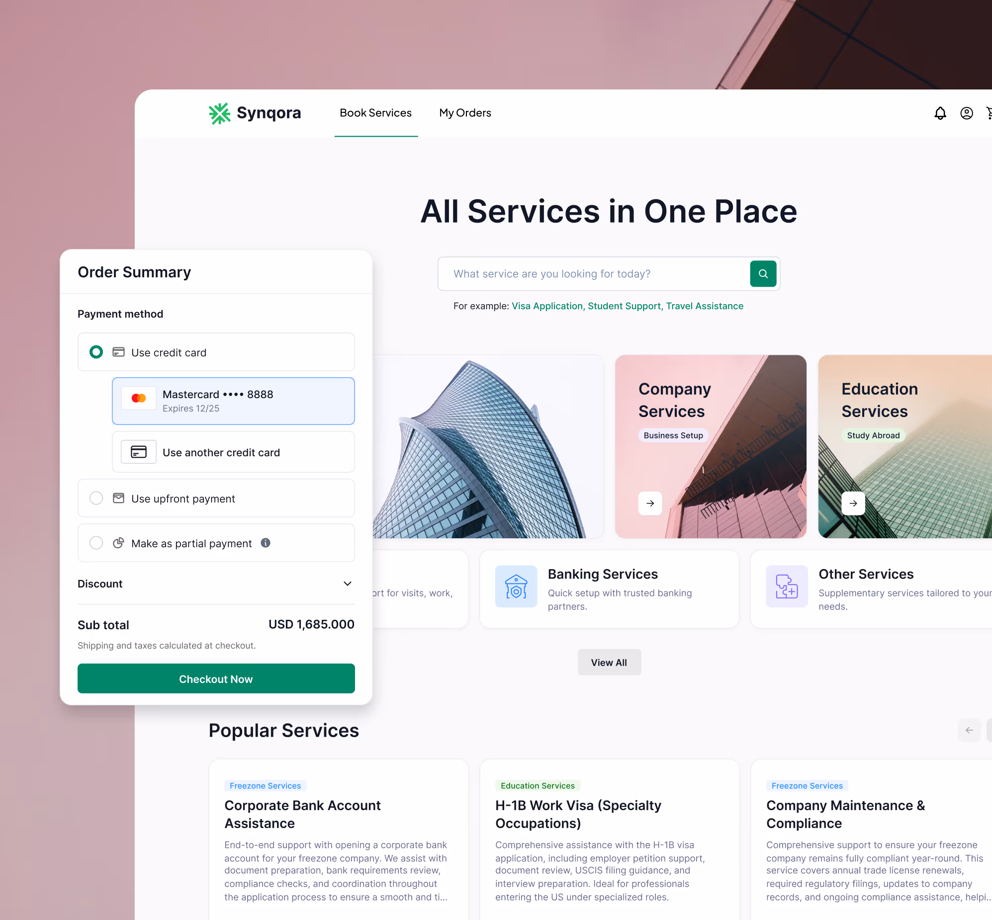 Synqora service booking webpage with payment summary overlay showing credit card payment method and subtotal, featuring service categories and popular services listings.