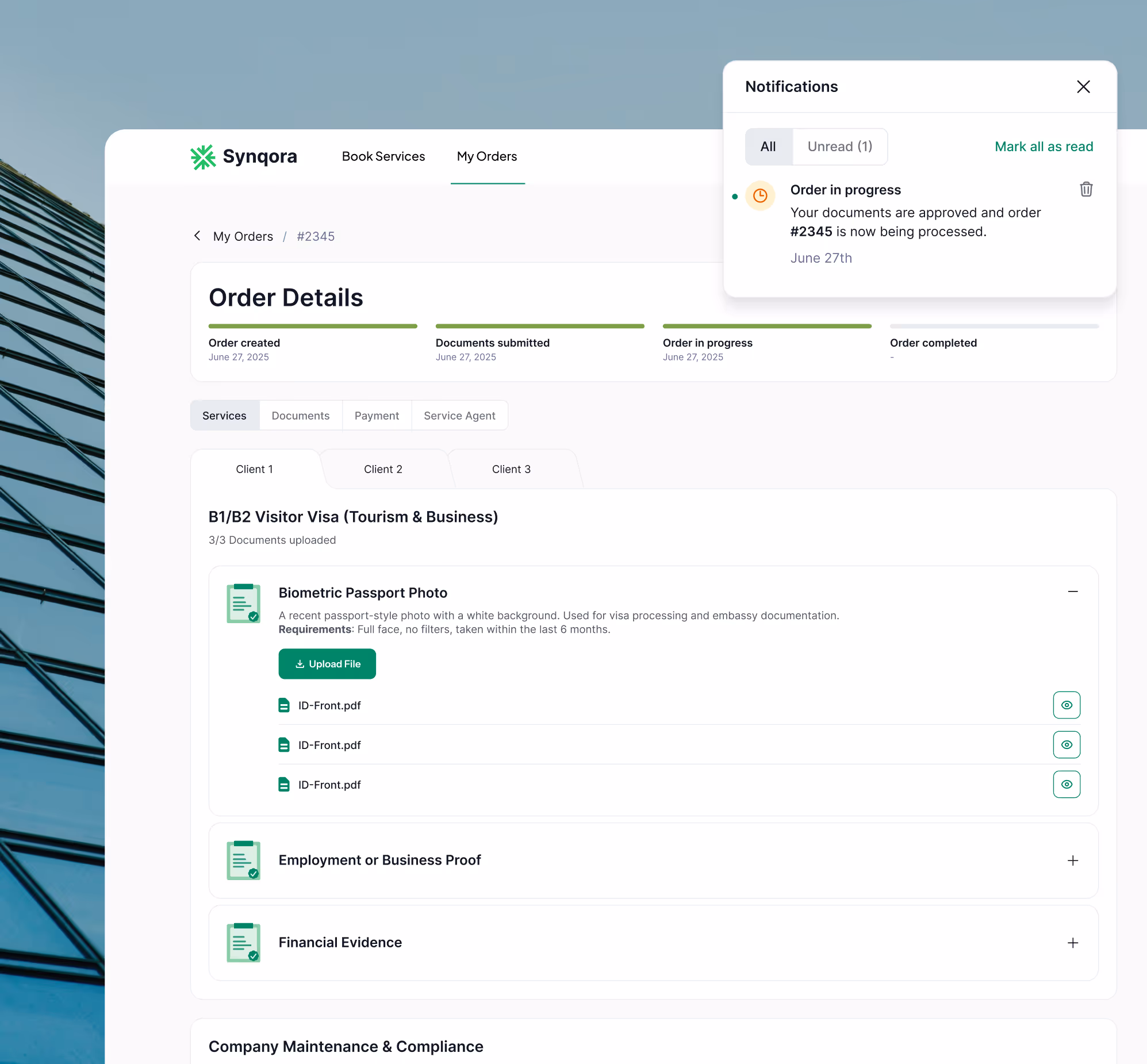 Synqora order details page showing status timeline for B1/B2 Visitor Visa documents upload and notifications about order in progress.