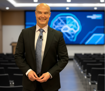 Ben Morley in a suit standing in an auditorium with a large digital brain image on a screen behind him.