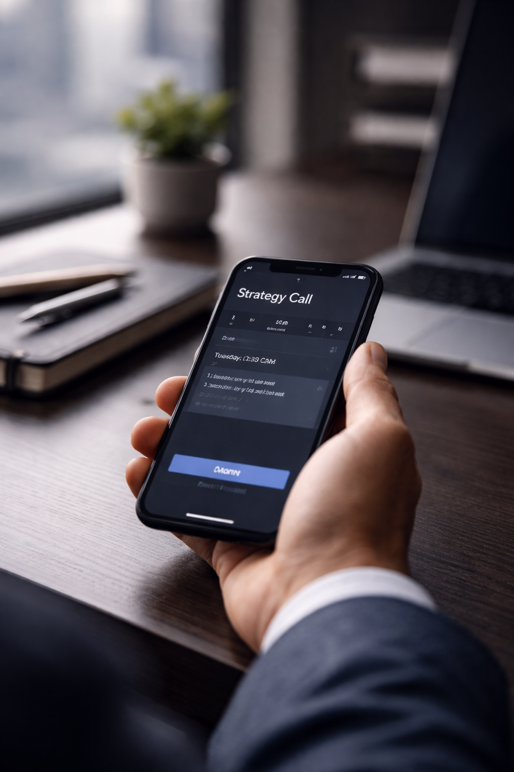 Close-up of a person holding a smartphone displaying a scheduled 'Strategy Call' at 11:39 AM with agenda items, sitting at a desk with a notebook, pen, and laptop in the background.