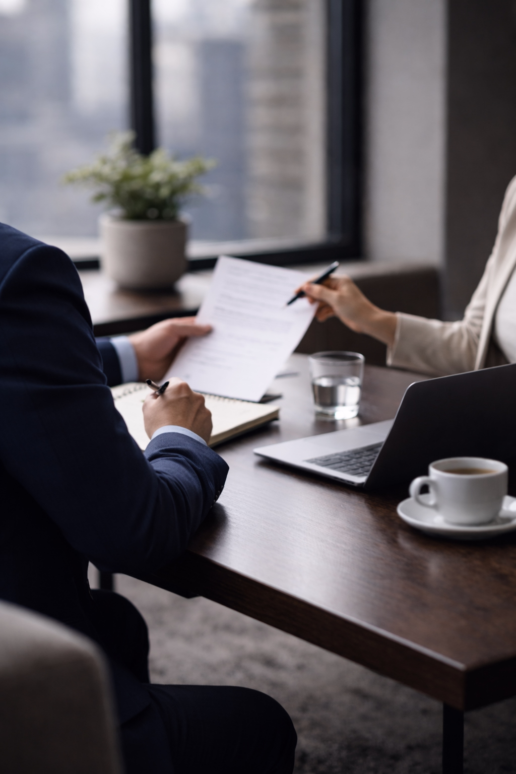 Two businesspeople at a table reviewing a document, with a laptop, coffee cup, and glass of water nearby.