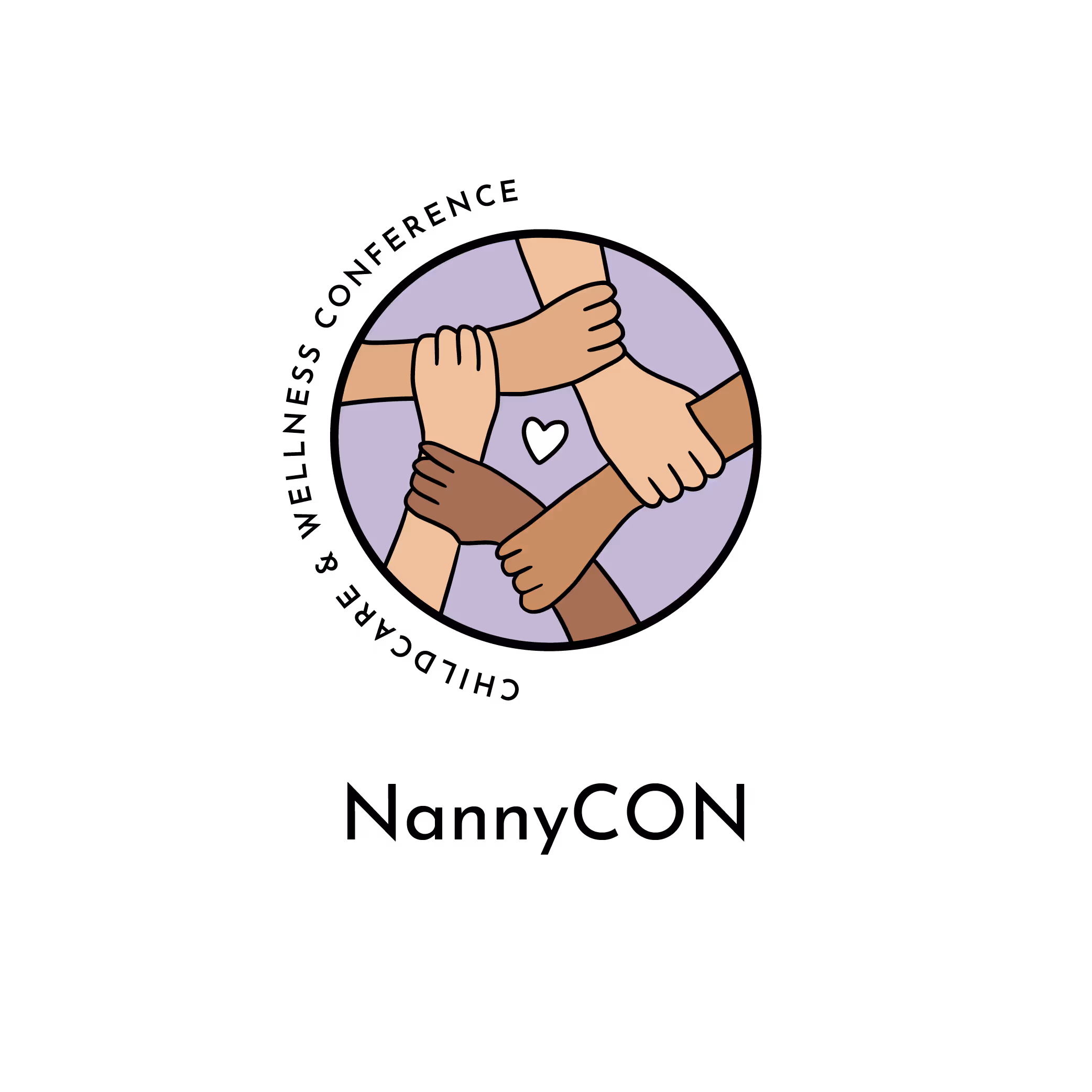 Logo with four diverse hands clasped in a circle around a heart, with the text 'NannyCON 2025' above and 'THE PREMIER INTERNATIONAL NANNY CONFERENCE' below the circle.