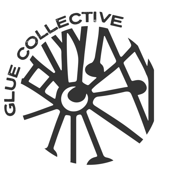 Black and white circular logo with the words 'GLUE COLLECTIVE' arranged in an arc over abstract, stylized spokes or nails radiating from a central point.