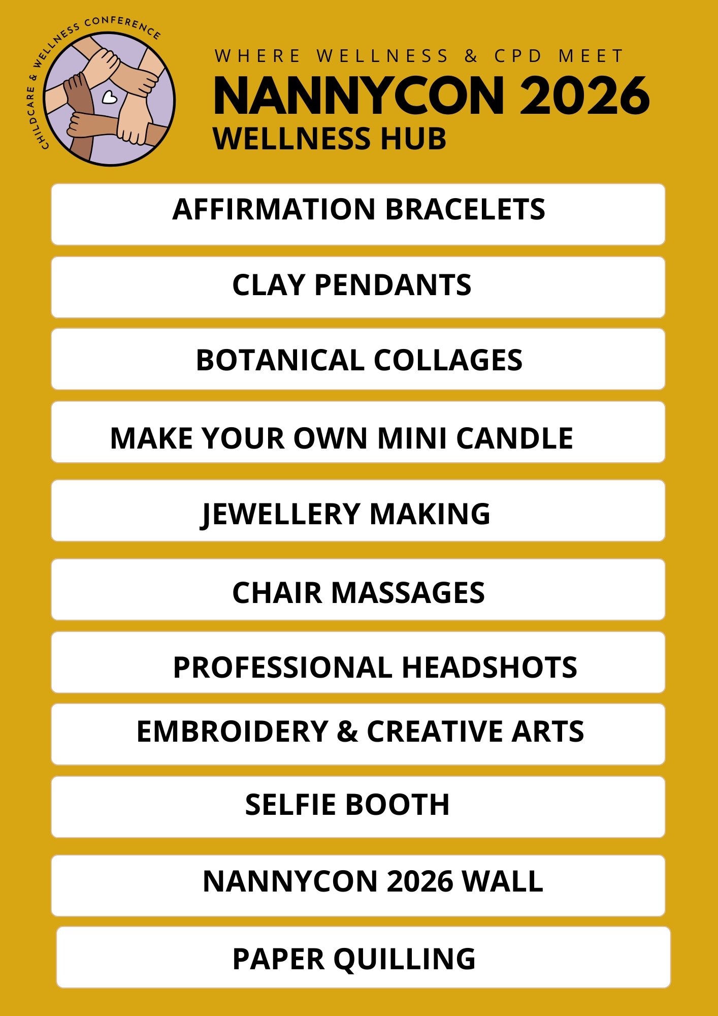 NannyCon 2026 Wellness Hub event list with activities including affirmation bracelets, clay pendants, botanical collages, mini candle making, jewellery making, chair massages, professional headshots, embroidery, selfie booth, event wall, and paper quilling.